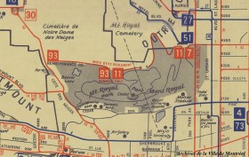 Extrait d’une carte compagnie des tramways de Montréal montrant le parcours des lignes 11 et 93 sur la montagne. - Novembre 1940. VM066-6-P060. Archives de la Ville de Montréal. 
