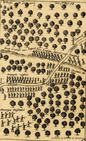 Embuscade de 500 Iroquois au Long Coteau, gravure tirée des Voyages de Lahontan, vers 1703. Archives de la Ville de Montréal, BM005-3-D18-P044.
