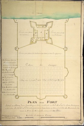 Plan du fort de la mission du lac des Deux-Montagnes, plan de Chaussegros de Lery, 1719. Archives de la Ville de Montréal, BM005-3-D01-P028. 