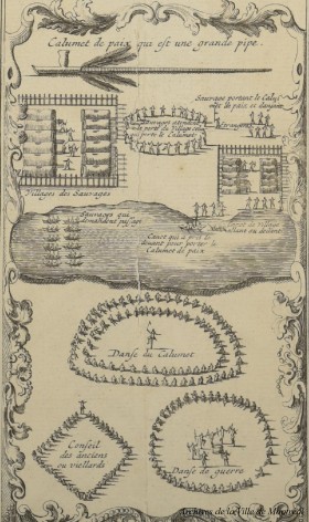 Rites entourant le calumet de paix, vers 1720. Archives de la Ville de Montréal, BM007-2-D15-P006 [extrait]. 