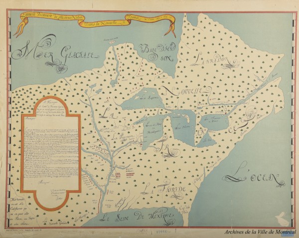 Carte de la Nouvelle-France situant plusieurs groupes autochtones nouvellement rencontrés en 1673-1674, carte de l’explorateur Louis Jolliet reproduite dans le Magazine of American History, original créé en 1674, reproduction du 19e siècle. Archives de la Ville de Montréal, BM007-2-D18-P017. 