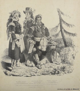 Trois chefs hurons de la Jeune-Lorette (Wendake), peinture de E. Chatfield, imprimé par C. Hullmande, 1825. Archives de la Ville de Montréal, BM007-2-D27-P032.