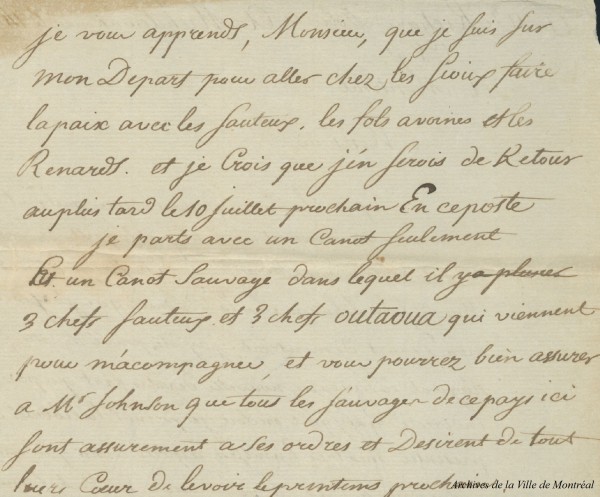Lettre de Louis-Joseph Ainsse à Richard Dolic, en provenance de Michilimakinac, 14 août 1786. Archives de la Ville de Montréal, document 6 du dossier SHM007-3-D2 [extrait, p. 2].