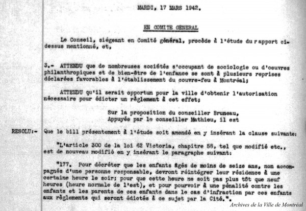 Résolution présentée au conseil municipal, en faveur du couvre-feu pour les enfants de moins de 16 ans. 17 mars 1942. VM001-10_289. Archives de la Ville de Montréal.