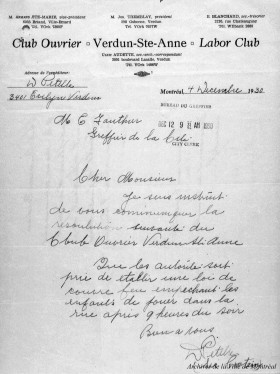 Lettre du club ouvrier de Verdun-Sainte-Anne en faveur du couvre-feu. 1930. VM001-3-2_003631. Archives de la Ville de Montréal.