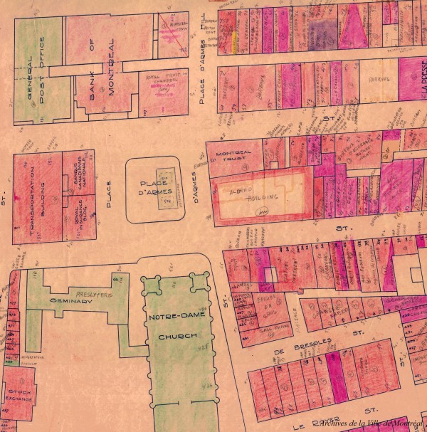 Plan d'occupation du sol du secteur de la place d'Armes. 1949. VM165-1-2_53-69A (détail). Archives de la Ville de Montréal.