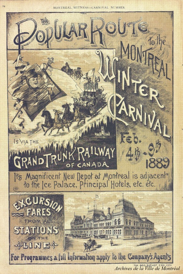 Affiche publicitaire du Grand Trunk Railway à l’occasion du carnaval d’hiver de Montréal. On y aperçoit la gare Bonaventure. 1889. VM166-D01995-1-1-086. Archives de la Ville de Montréal.