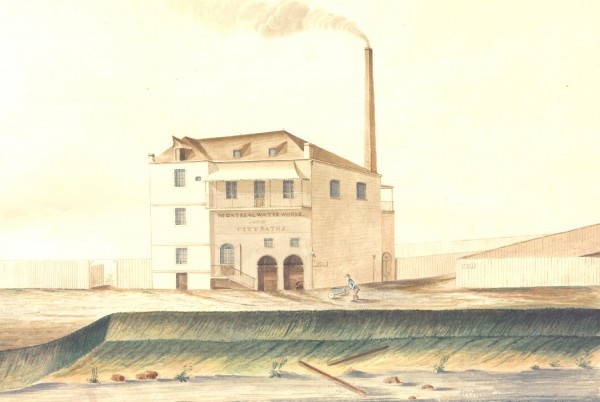 Bureaux et ateliers de la Montreal Water Works, dessin de W. Buchanan, 1836. VM66/1836-1