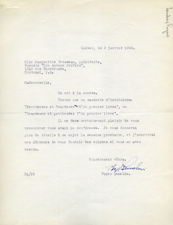 Lettre de Roger Lemelin à Marguerite Brosseau annoncant le titre de sa conférence, le 3 janvier 1946. BM15,D1