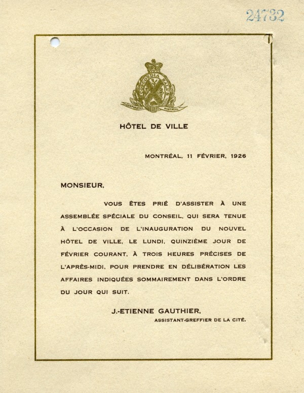 Carton d’invitation pour l’assemblée spéciale du Conseil de ville, 11 février 1926. VM6, D3500.8