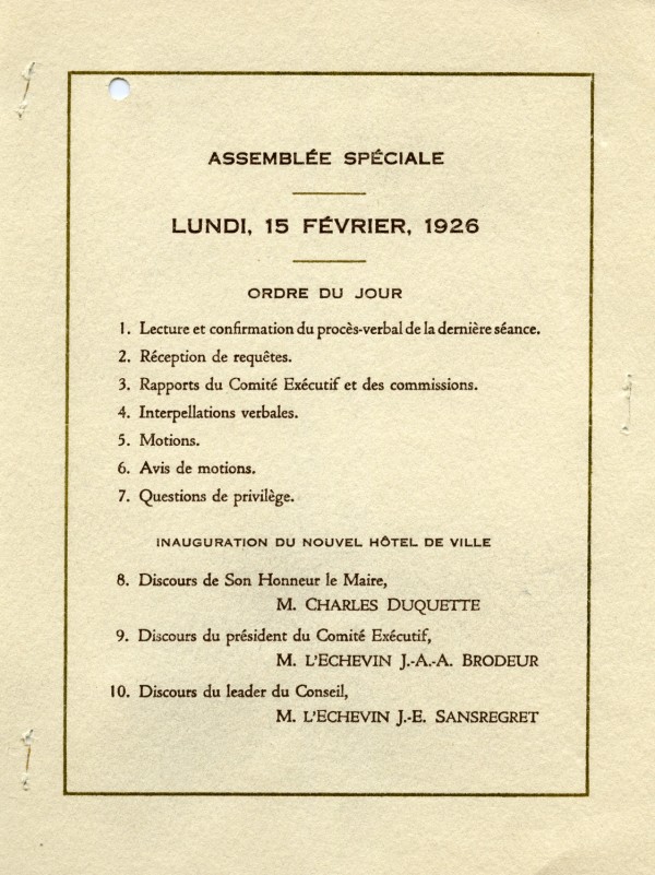 Carton d’invitation pour l’assemblée spéciale du Conseil de ville, 11 février 1926. VM6, D3500.8