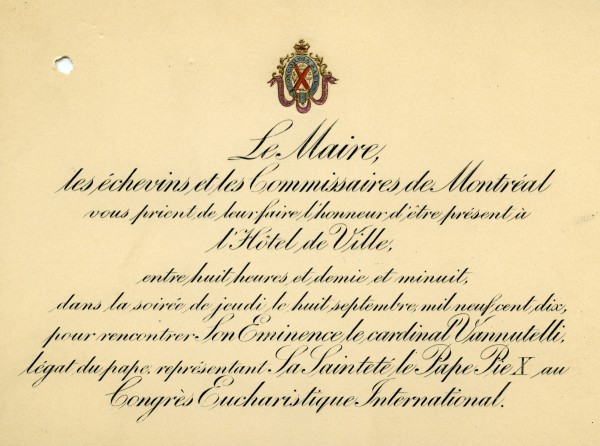 Carton d’invitation pour une réception à l’hôtel de ville en l’honneur du légat papal, septembre 1910. VM6,D3761.18-3