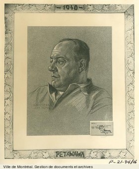 Camillien Houde au camp de Petawawa/ dessin de Guido Nincheri, 1940, VM6,D026-34