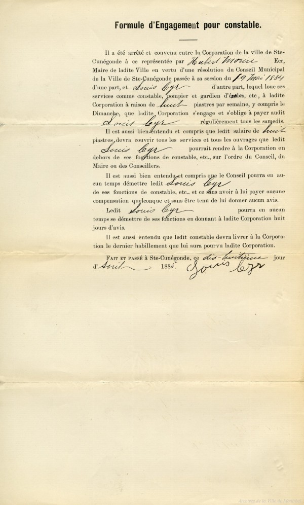 Engagement du constable Louis Cyr par la ville de Sainte-Cunégonde, 1885. P27,SD,SS1,D25,P1166-002
