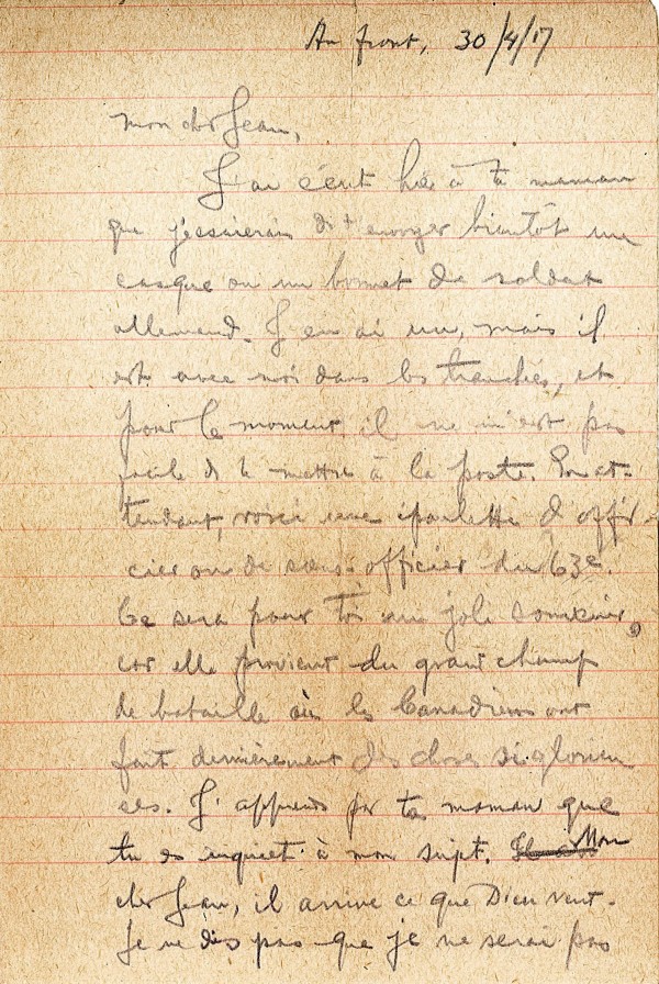 Extrait d'une lettre envoyée par Olivar Asselin à son fils Jean, depuis les tranchées.