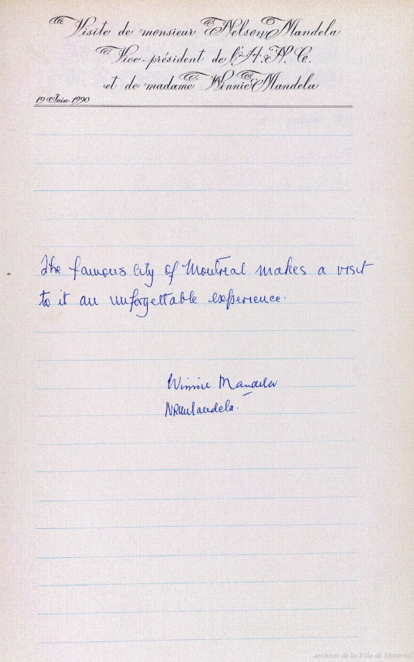 Signature de Nelson Mandela dans le livre d'or de la Ville de Montréal. 19 juin 1990. VM1,S12,D35.