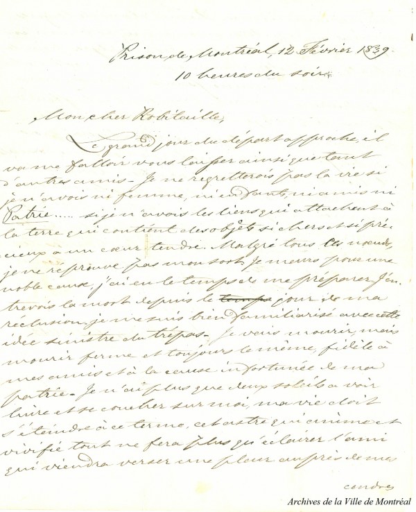 Lettre de de Lorimier à Robitaille, p.1, 1839, BM2,S10,D8