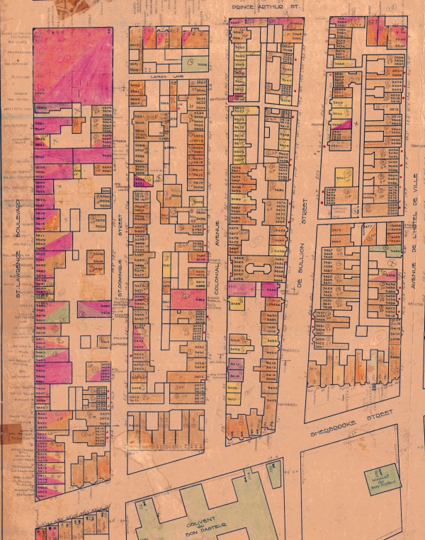 Extrait d'un plan du secteur du boulevard Saint-Laurent en 1949. VM165,S1,SS2,P54-65.
