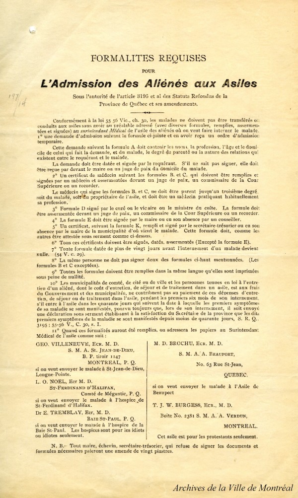 L'admission des aliénés aux asiles, 1914. PO25, SB, SS1, D208-1