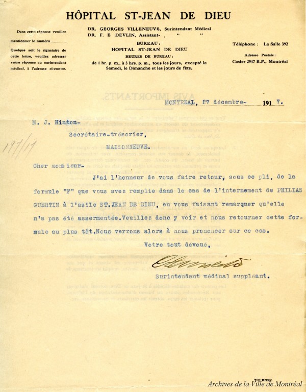 Correspondance de l'hôpital Saint-Jean-de-Dieu, 1917. PO25, SB, SS1, D208-8
