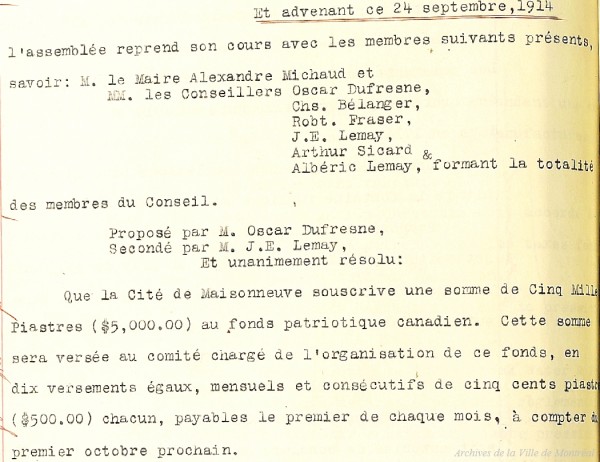 Contribution de la ville de Maisonneuve au Fonds patriotique. 1914. P25,SA,SS1,D12.