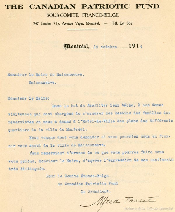 Requête du Fonds patriotique auprès de la ville de Maisonneuve. 1914. P25,SB,SS1,D2.
