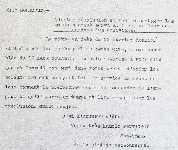 Résolution de la ville de Maisonneuve pour aider les soldats de retour du front. 1916. P25,Sb,SS1,D2.