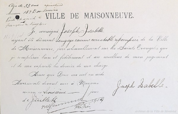 Engagement de Joseph Isabelle, ville de Maisonneuve. 1914. P25,SB,S1,D81.