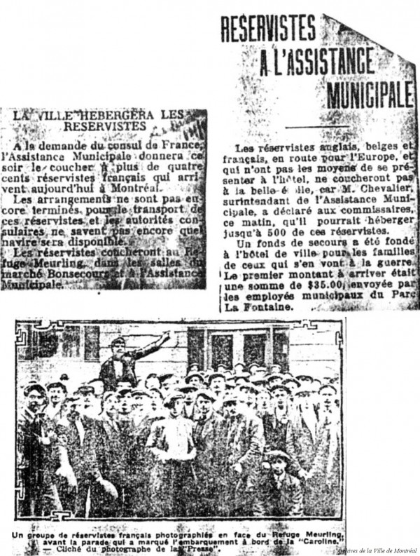 Articles parus dans le journal La Presse sur le passage des réservistes au refuge Meurling, à Montréal. 14 août 1914. VM6,D3103.