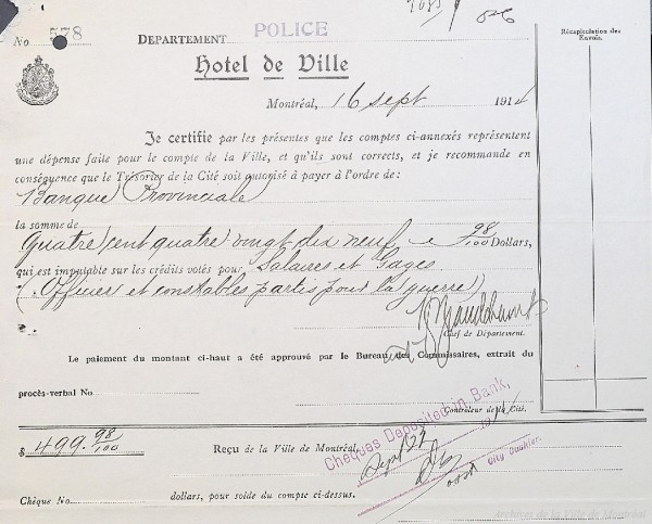 Paiement du salaire des fonctionnaires de la Ville de Montréal partis à la guerre le 1er septembre 1914.