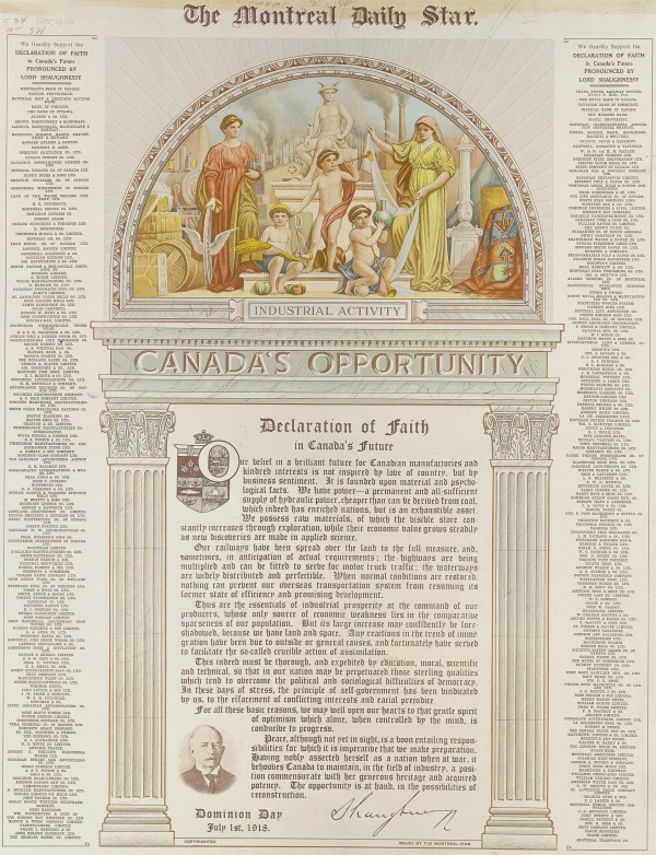 Manifeste publié par les grands industriels canadiens et reflétant leur inquiétude face à l'avènement de la paix. 1918. BM5,S3,D11.