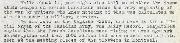 La presse anglophone malmène fortement la population canadienne française, comme en témoigne cette lettre de protestation, envoyée au London Standard en novembre 1917, par un militaire canadien campé en Angleterre. P104,S1,SS1,D1.