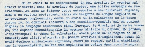 Olivar Asselin écrit en 1917 sur les réactions des Canadiens face à la conscription. P104,S1,SS1,D1.
