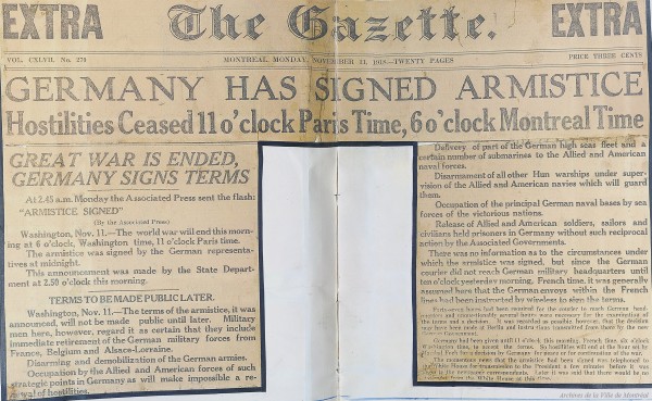 La page titre de la Gazette le 11 novembre 1918. SHM4,S4,D13.