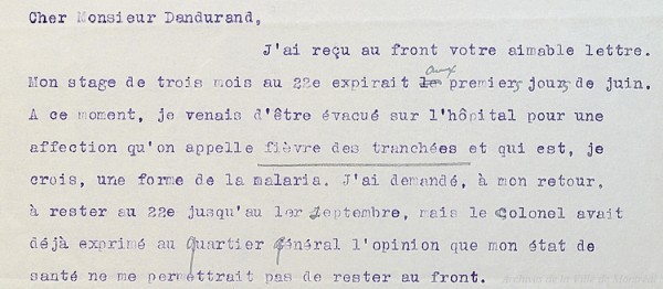 Lettre d'Olivar Asselin évoquant la fièvre des tranchées. 1917. BM55,S2,D23.