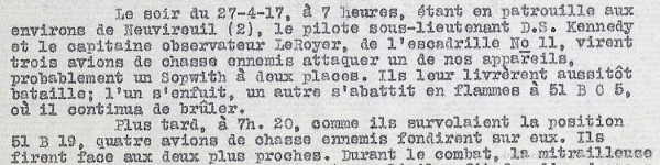 Récit d'un combat d'aviation impliquant le capitaine Le Royer. 1917. BM55,S3,D5.