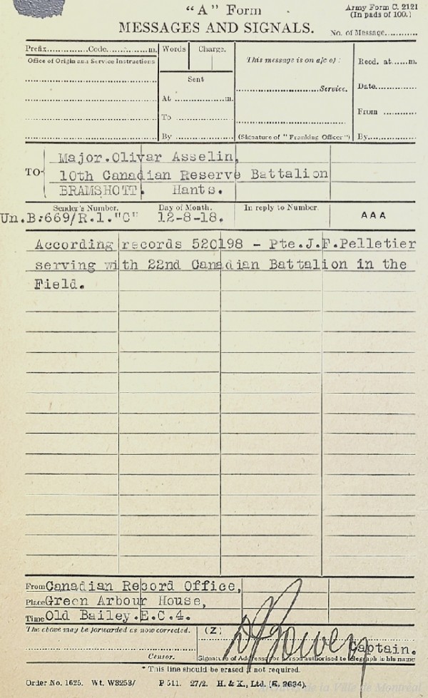 Formulaire confirmant la position du prêtre Pelletier au front. 1918. P104,S1,SS1,D1.