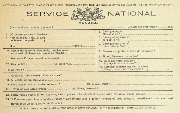 Carte d'enregistrement pour le Service national distribuée à Montréal. 1917. P25,SB,SS1,D2.