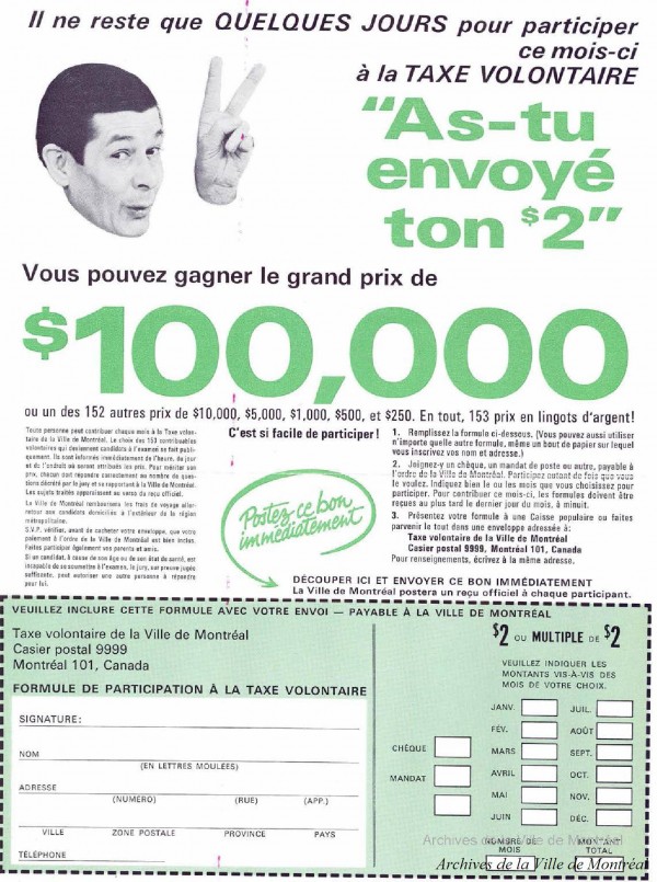 Publicité de la taxe volontaire avec Denis Drouin, 1968, VM6-D401-12-1 (mai1968)