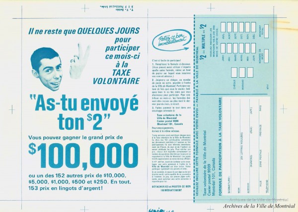 Publicité pour la taxe volontaire avec Gilles Latulippe, 1968, VM6-D401-12-A-1