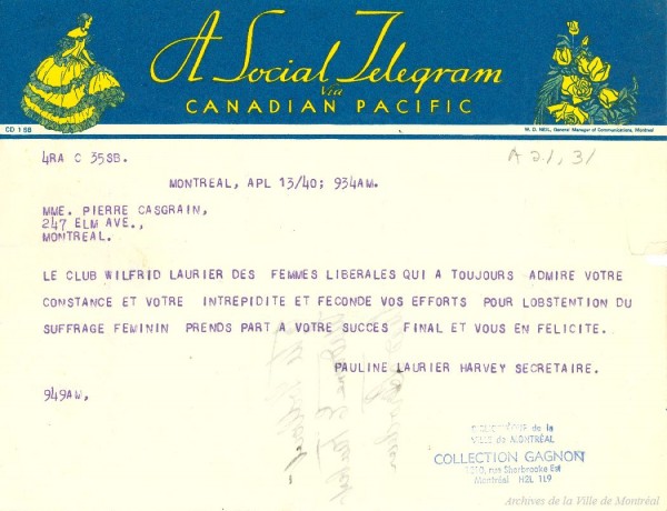 Télégramme du Club Wilfrid Laurier des femmes libérales, 13 avril 1940. BM14-5_13