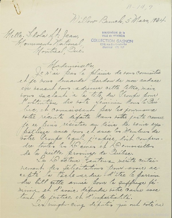 Lettre de A.M. Mackay de la Saskatchewan à Idola Saint-Jean, 5 mars 1934, BM102_02.