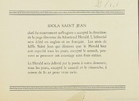 Annonce de la chronique d'Idola Saint-Jean dans le Montreal Herald, vers 1929, BM102_08.