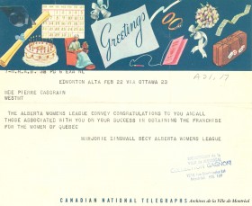 Félicitations de l'Alberta Womens League pour l'obtention du droit de vote des Québécoises, BM14-5_13