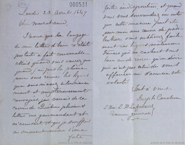 Lettre de La Fontaine dans laquelle il réclame l'intervention de l'Armée pour protéger le marché Bonsecours. 1849. SHM2,S1,P0532.