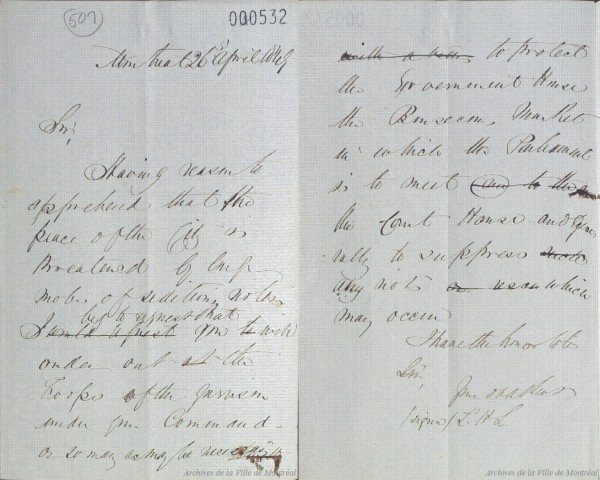 Lettre de La Fontaine dans laquelle il réclame l'intervention de l'Armée pour protéger le marché Bonsecours. 1849. SHM2,S1,P0532.