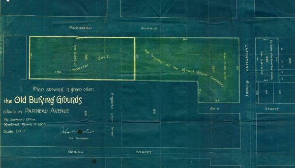 Plan des anciens sites funéraires situés dans le secteur actuel de l’entrée montréalaise vers le pont Jacques-Cartier. 1905. VM44-4-5_02.