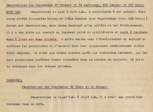 Rapport policier de surveillance d'une maison de prostitution. 1943. P43-3-2_L89. Archives de la Ville de Montréal.