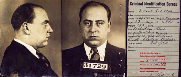 Fiche de Émile Caron, arrêté par la police pour vol et recel. 1933. P43-3-2_V20_E162-E191. Archives de la Ville de Montréal.