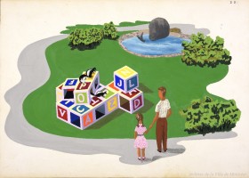 Jeu de blocs, Jardin des Merveilles. Illustration de Roland Proulx. P115-3_2-009. Archives de la Ville de Montréal.